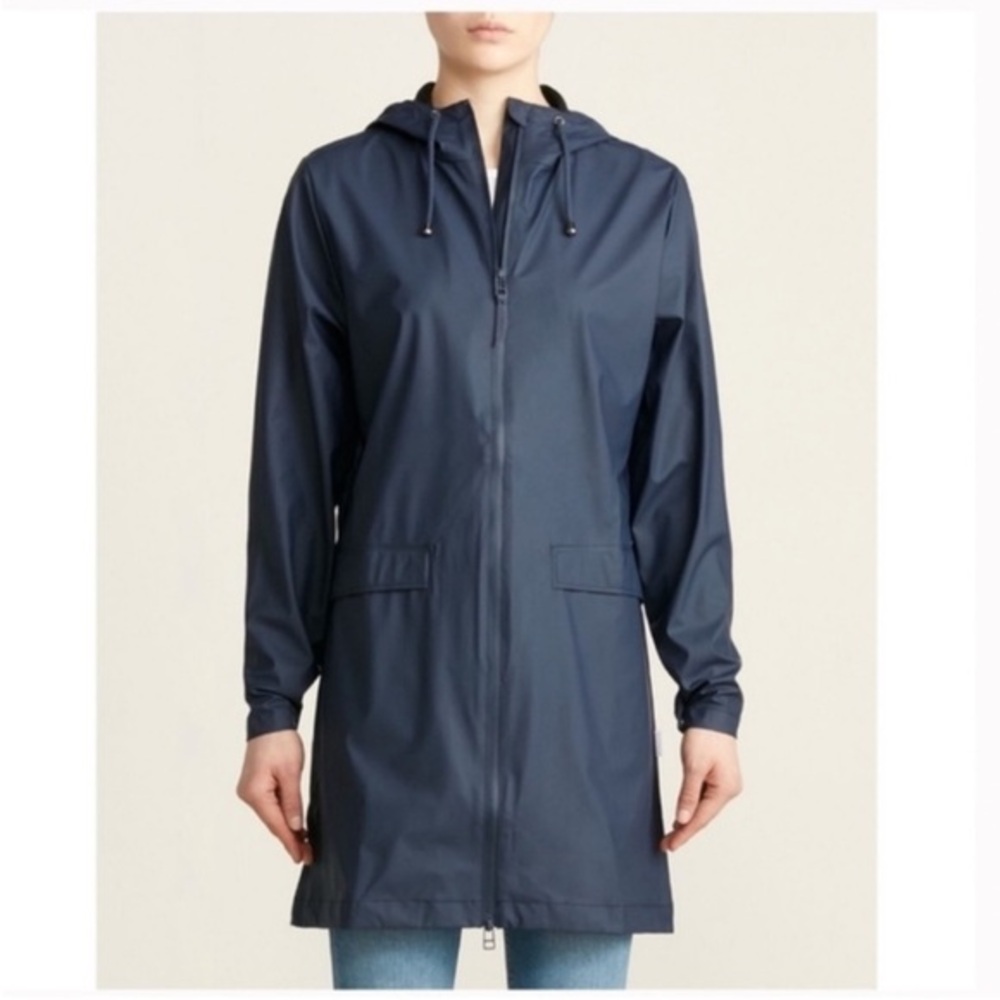 Rains Curve Jacket Women XS/S Navy Blue Excellent Waterproof Hooded Raincoat